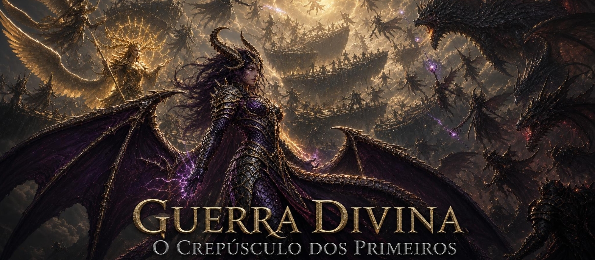 Banner da mesa de RPG: Daggerheart - Mundo de Aerthos - Guerra Divina: O Crepúsculo dos Primeiros
