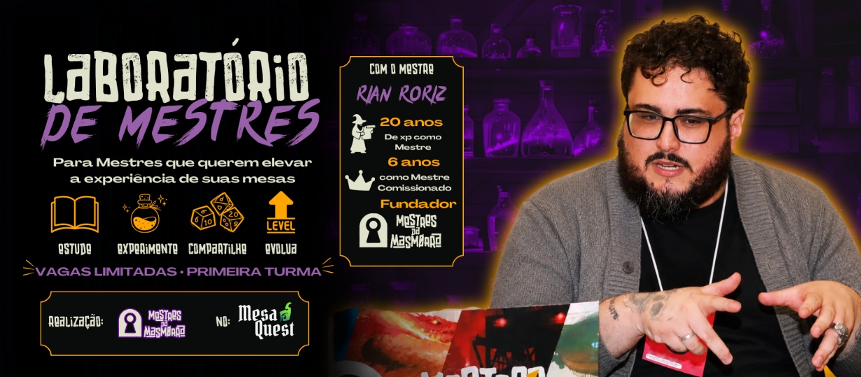 Banner da mesa de RPG: Laboratório de Mestres — com Mestre Rian