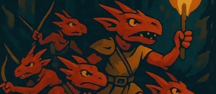 Banner da mesa de RPG: Mini-Aventura Kobold - A Ascensão dos Rubroescamas