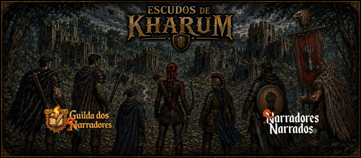 Banner da mesa de RPG: Os Escudos de Kharum - Guilda dos Narradores