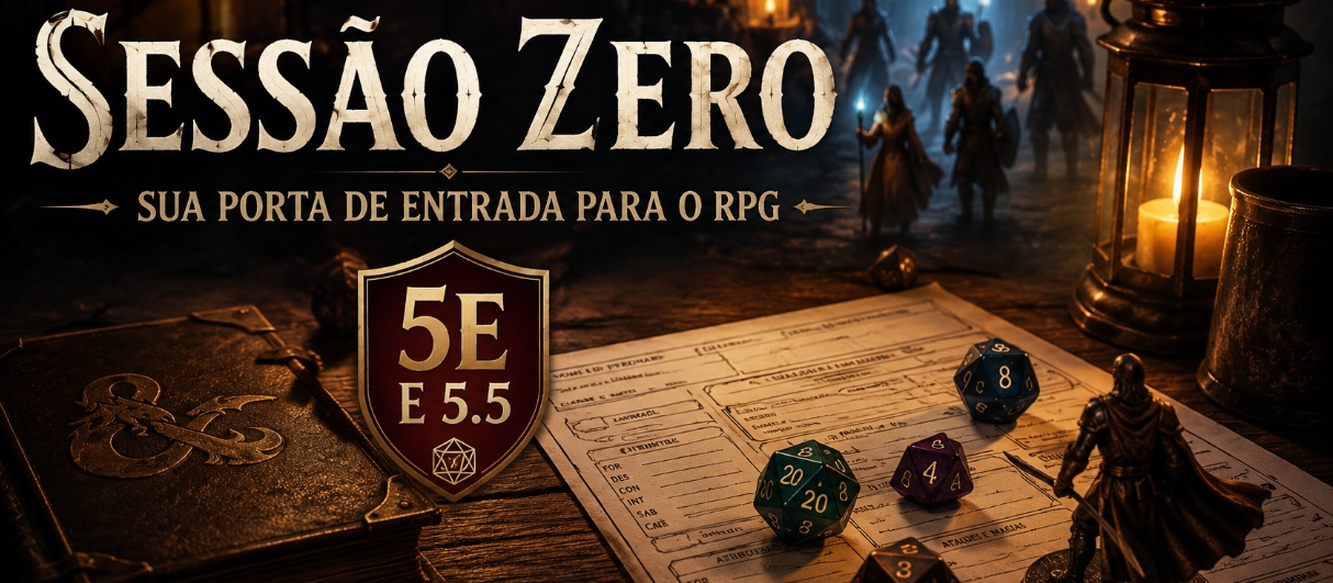 Banner da mesa de RPG: SESSÃO ZERO – SUA PORTA DE ENTRADA PARA O RPG 🎲 (INICIANTES EM RPG)